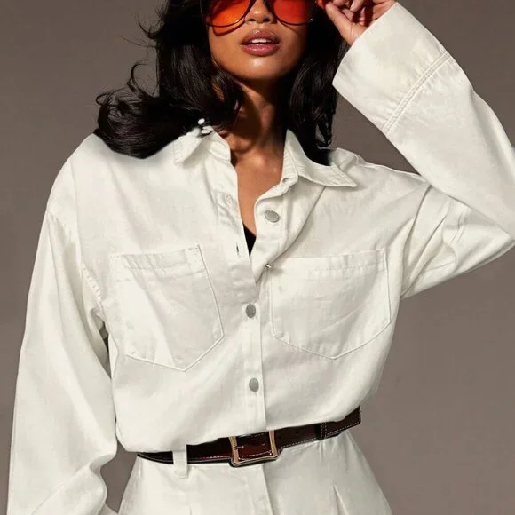 White Casual Womens Wide Leg Denim Jumpsuit - Picture 2 of 5